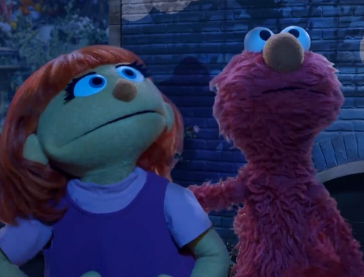 Elmo and Julia looking at the stars