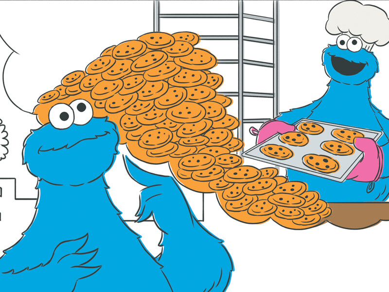 Cookie Monster thinking about baking cookies 
